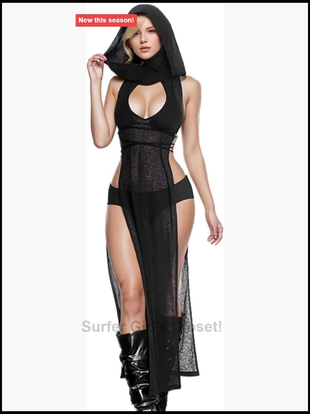 Goth Sleeveless Hooded Sheer Maxi Dress Women Rave Festival Y2K Double Slit